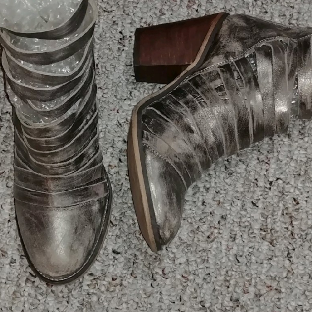 Free People Distressed Metallic Silver Wrap Ankle Boots